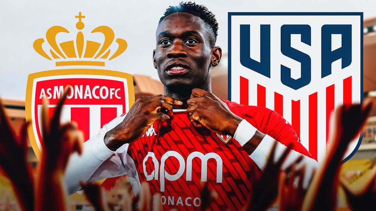Folarin Balogun celebrating in front of the AS Monaco and USMNT logos