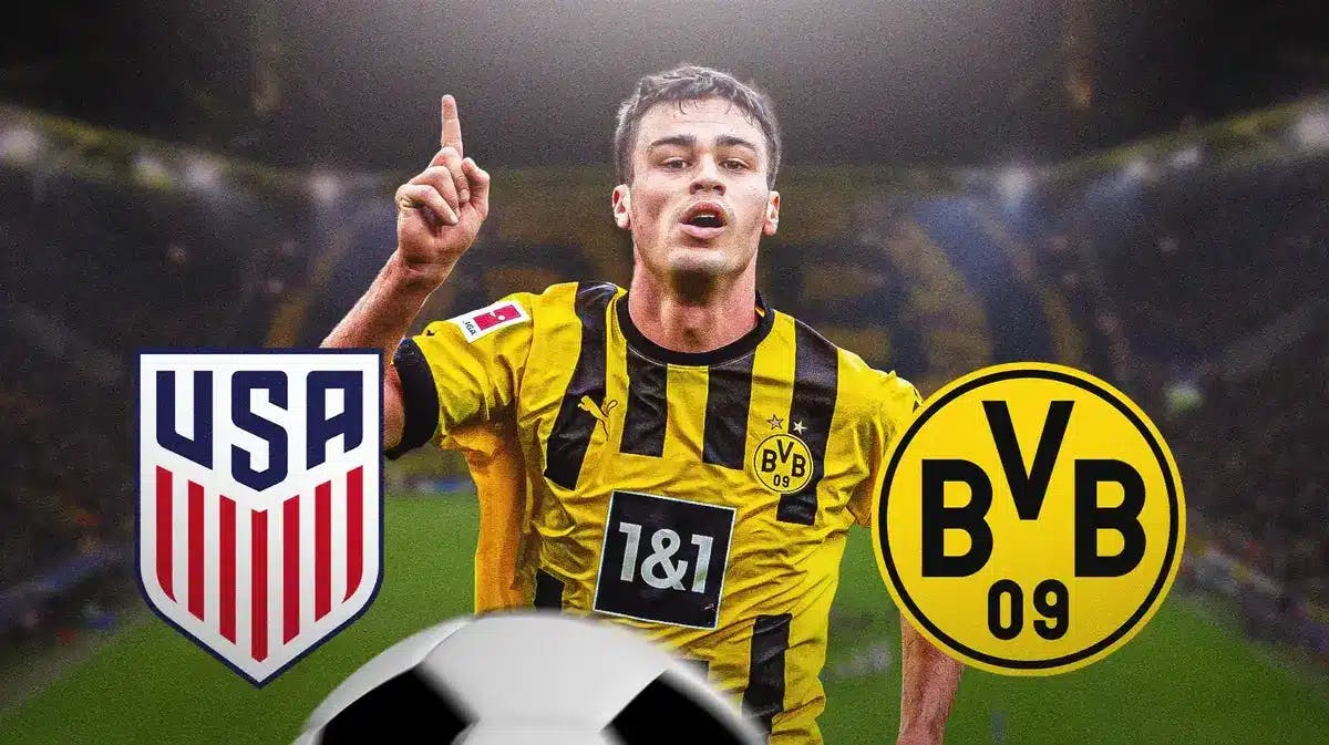 Gio Reyna in front of the USMNT and Borussia Dortmund logos, with questionmarks around him