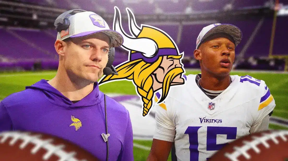 Photo: Kevin O’Connell and Josh Dobbs with Vikings logo behind them, both have a sad face