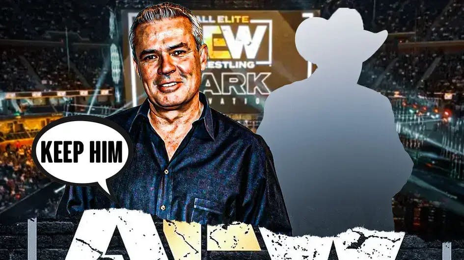 Eric Bischoff with a text bubble reading “Keep him” next to the blacked-out silhouette of Jim Ross with the AEW logo as the background.
