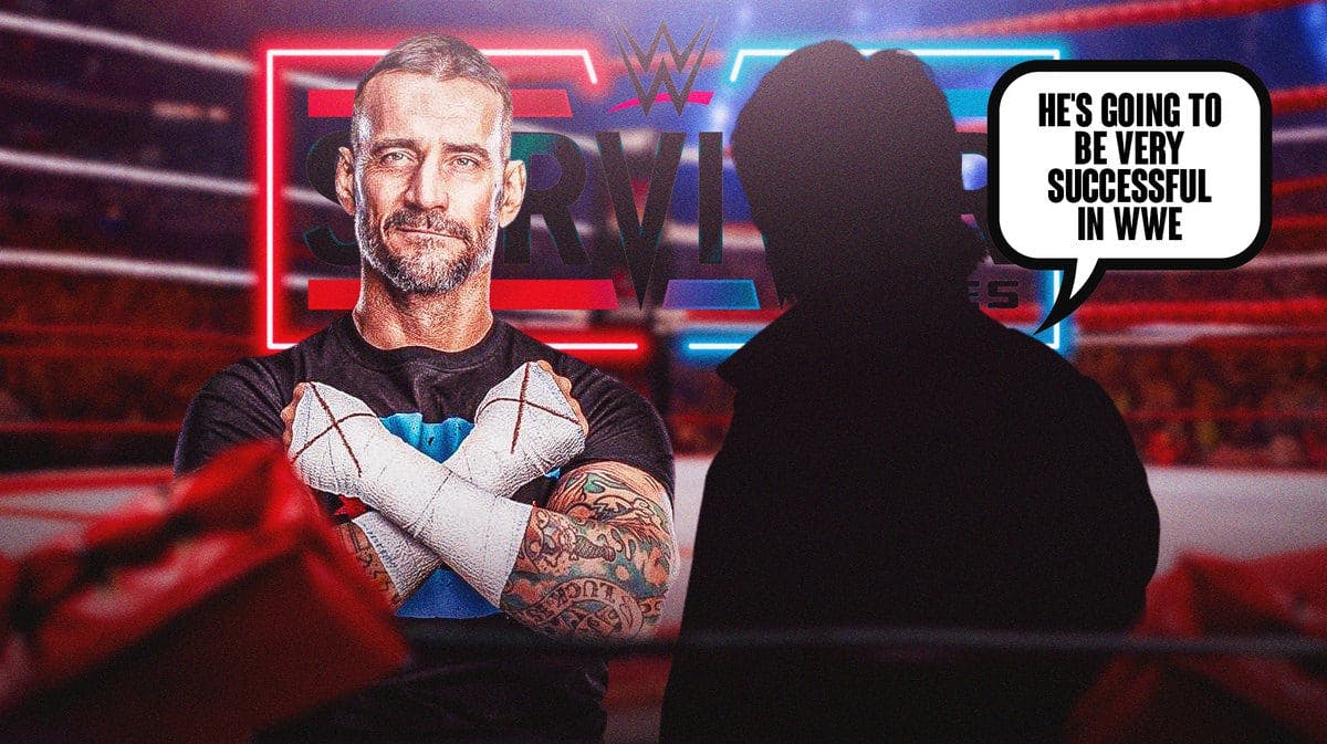 CM Punk next to the blacked-out silhouette of Eric Bischoff with a text bubble reading “He's going to be very successful in WWE” with the 2023 Survivor Series logo as the background.