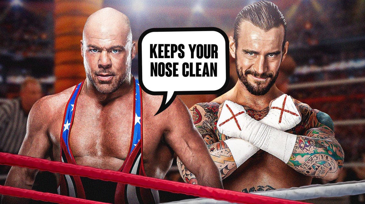 Kurt Angle with a text bubble reading “Keeps your nose clean” next to CM Punk with the WWE logo as the background.
