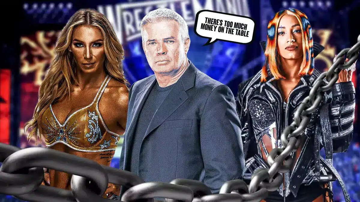 The Eric Bischoff with a text bubble reading “There's too much money on the table” with Mercedes Mone on the left and Charlotte Flair on the right with the WWE logo as the background.