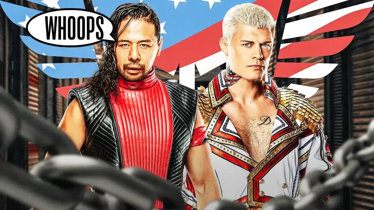 Shinsuke Nakamura with a text bubble reading “Whoops” next to Cody Rhodes with the “Nightmare Family” logo as the background.
