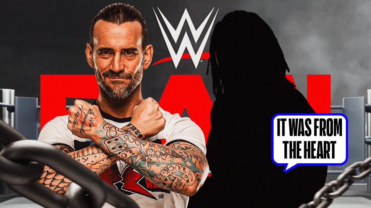 CM Punk next to the blacked-out silhouette of Booker T with a text bubble reading “It was from the heart” with the RAW logo as the background.