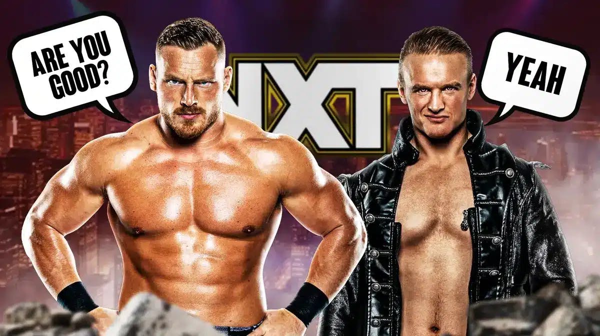 Ridge Holland with a text bubble reading “Are you good?” next to Ilja Dragunov with a text bubble reading “Yeah” with the NXT logo as the background.