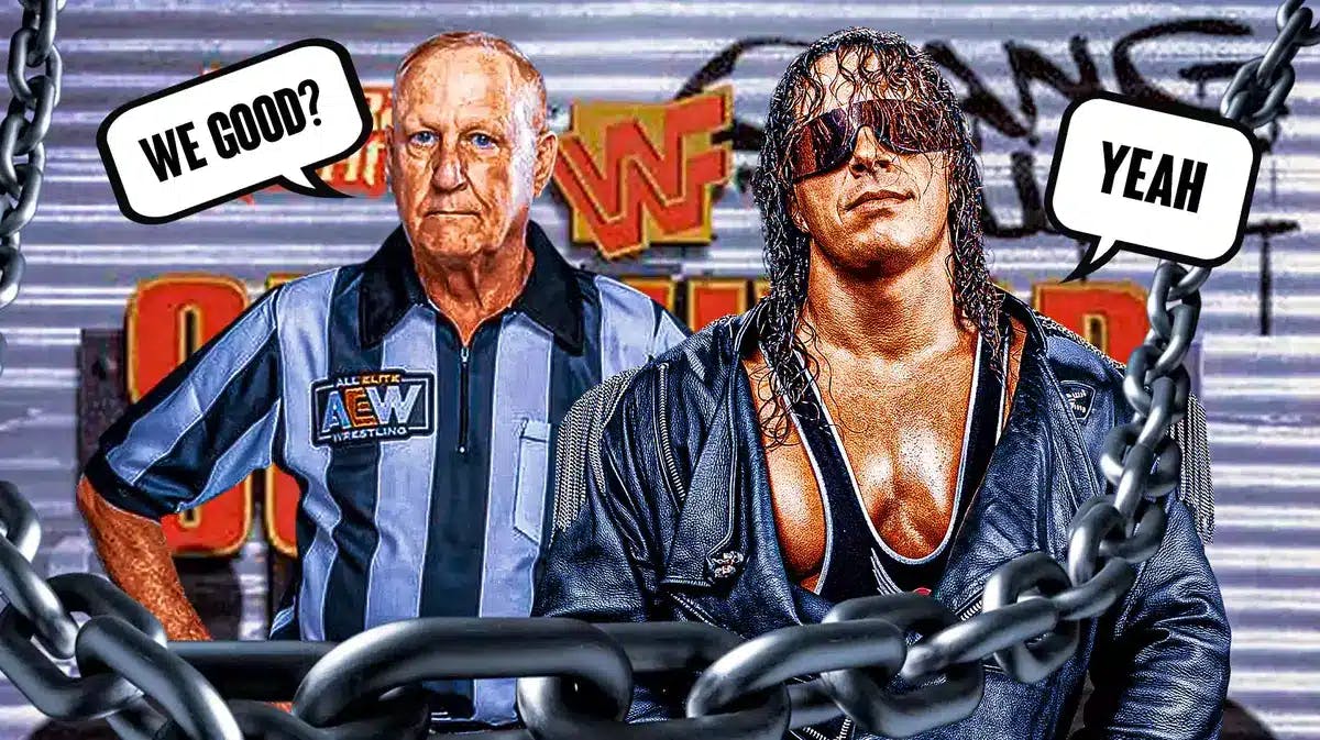 Earl Hebner with a text bubble reading “We good?” next to Bret Hart with a text bubble reading “Yeah” with the Survivor Series 1997 logo as the background.