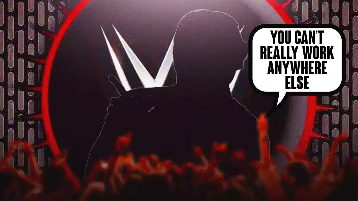 The blacked-out silhouette of Mansoor with a text bubble reading “You can’t really work anywhere else” with the WWE logo as the background.
