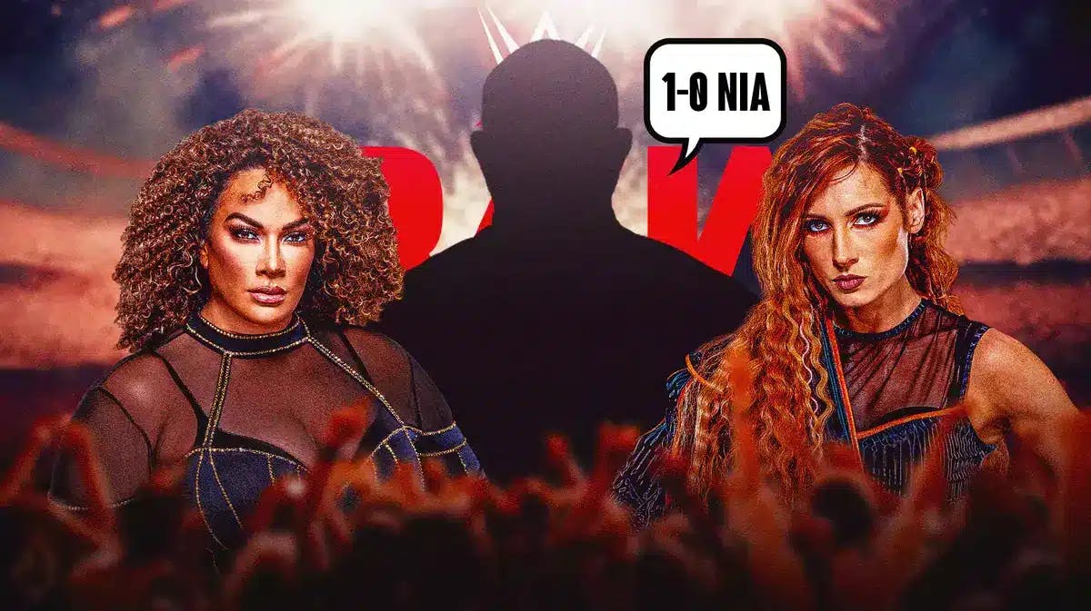 The blacked-out silhouette of Bully Ray with a text bubble reading “1-0 Nia” with Nia Jax on his left and Becky Lynch on his right with the RAW logo as the background.