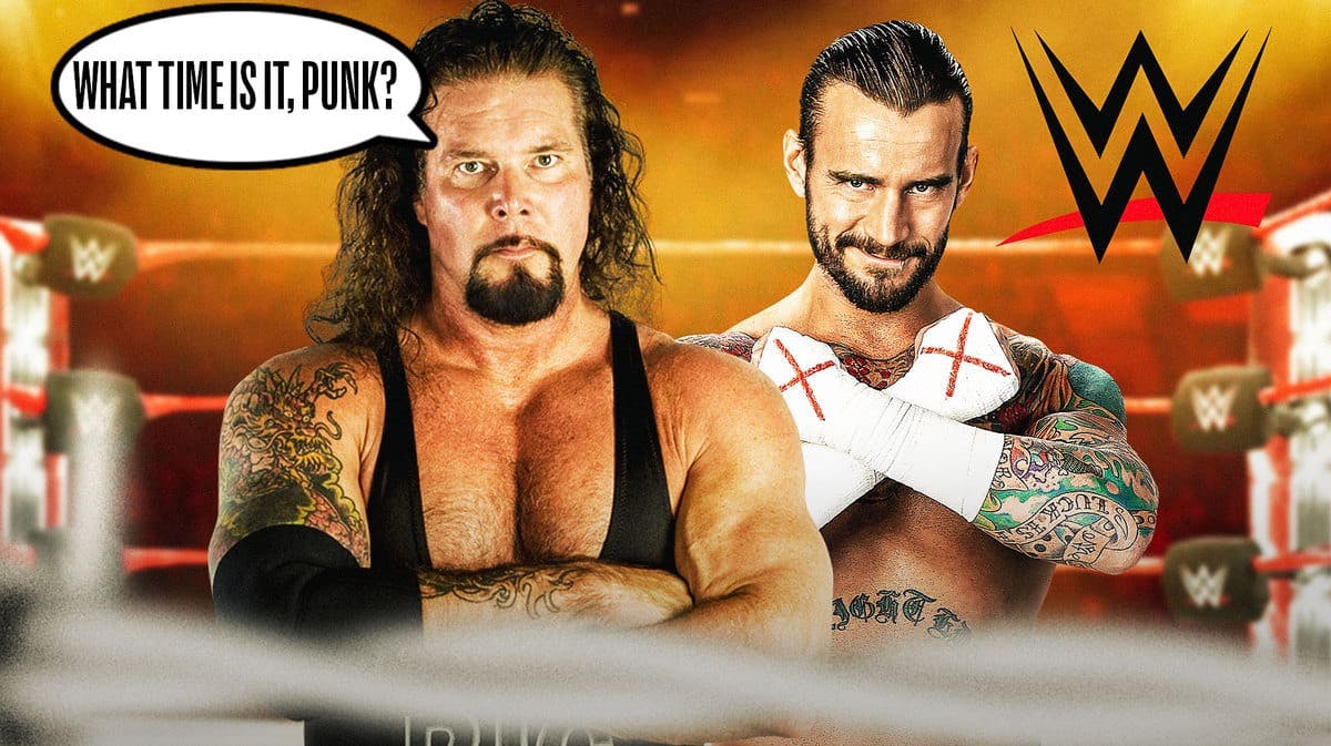 Kevin Nash with a text bubble reading “What time is it, Punk?” next to CM Punk with the WWE logo as the background.