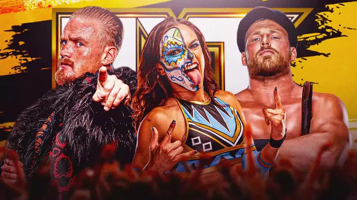 Thunder Rosa with Ilja Dragunov on her left and Ridge Holland on her right with the NXT logo as the background.
