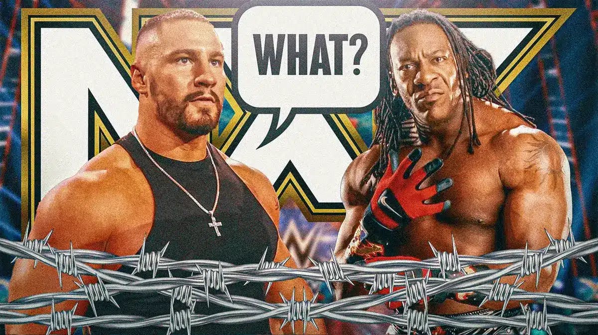 Bron Breakker with a text bubble reading “What?” next to Booker T with the NXT logo as the background.
