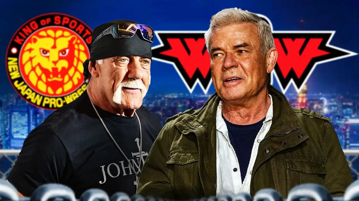 Eric Bischoff next to Hulk Hogan with the NJPW and WCW logos as the background.