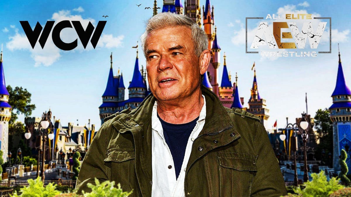 Eric Bischoff with the WCW logo on his left and the AEW logo on his right with the Disney castle as the background.