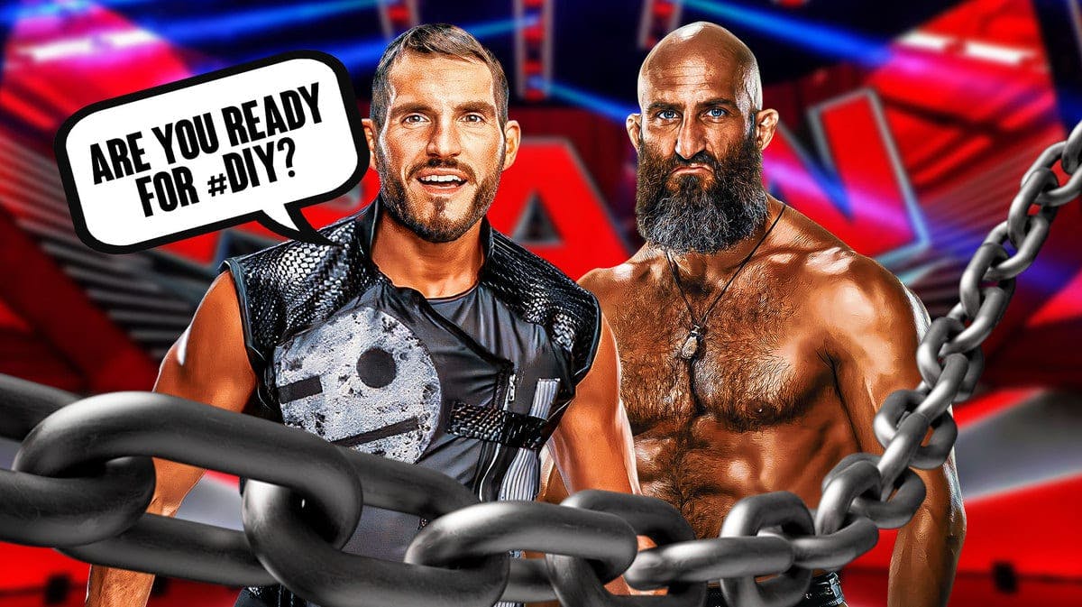 Johnny Gargano with a text bubble reading “Are you ready for #DIY?” next to Tommaso Ciampa with the RAW logo as the background.