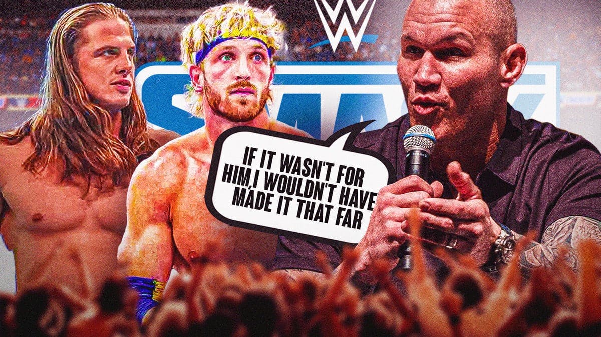 Randy Orton with a text bubble reading “If it wasn't for him, I wouldn't have made it that far” next to Logan Paul and Matt Riddle with the SmackDown logo as the background.