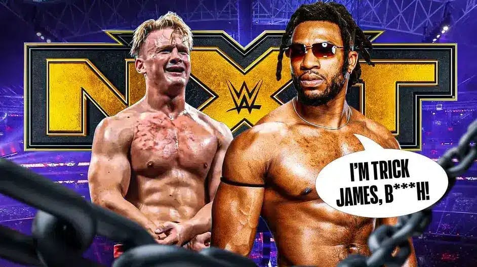 Trick Williams with a text bubble reading “I’m Trick James, b***h!” next to Ilja Dragunov with the NXT logo as the background.