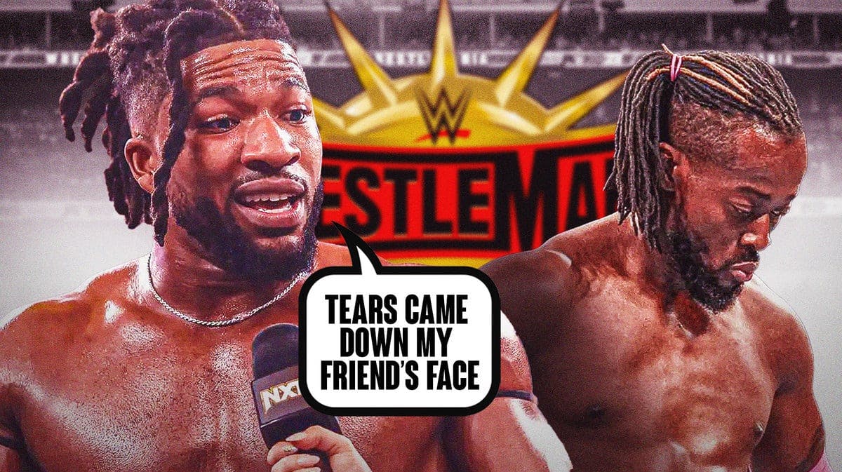 Trick Williams with a text bubble reading “Tears came down my friend’s face” next to Kofi Kingston with the WrestleMania 35 logo as the background.