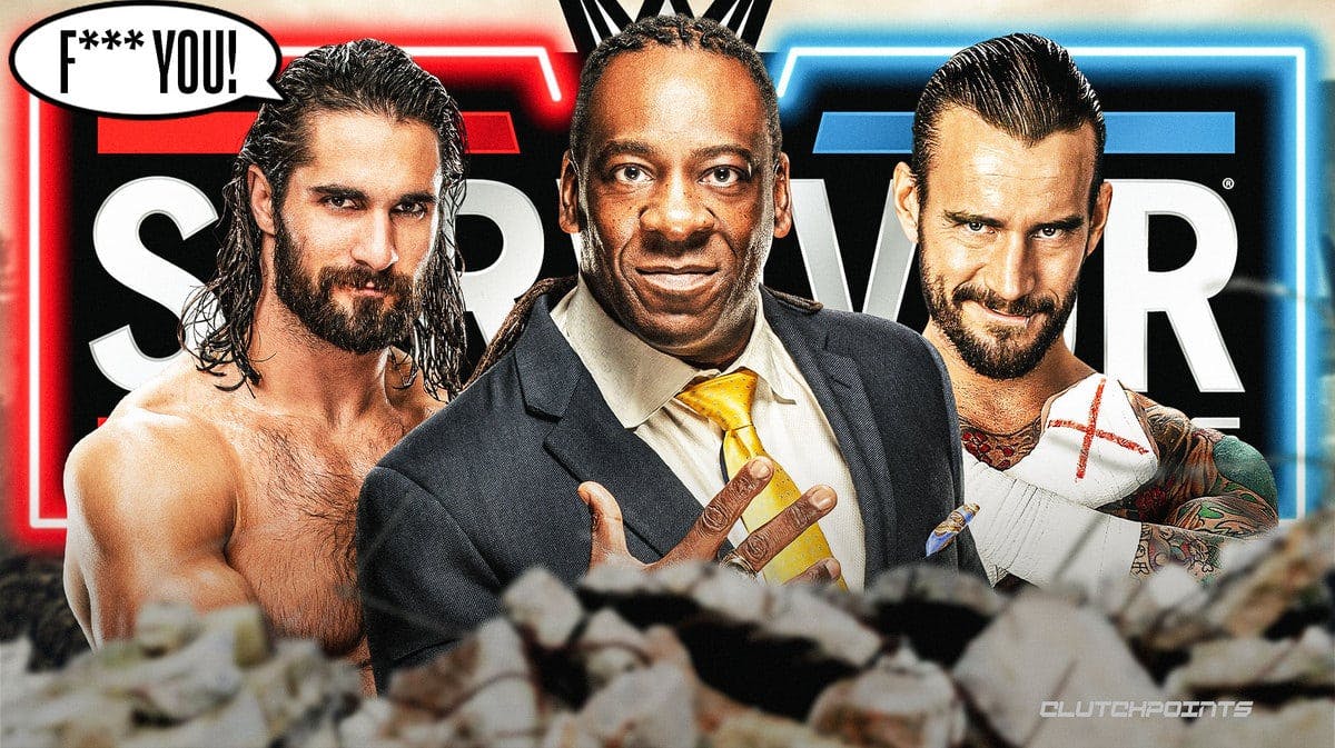 Seth Rollins on the left with a text bubble reading “F*** You!” with Booker T in the middle and CM Punk on the right with the 2023 Survivor Series logo as the background.