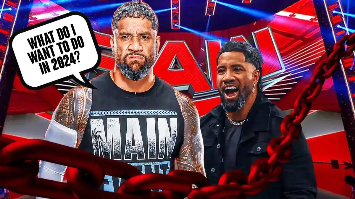 Jey Uso with a text bubble ready “What do I want to do in 2024?” with the RAW logo as the background.