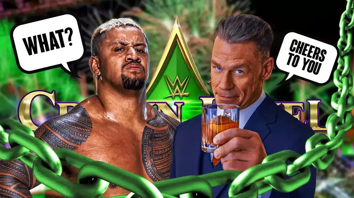 John Cena holding a highball glass with a text bubble reading “Cheers to you” next to Solo Sikoa with a text bubble reading “What?” with the 2023 WWE Crown Jewel logo as the background.