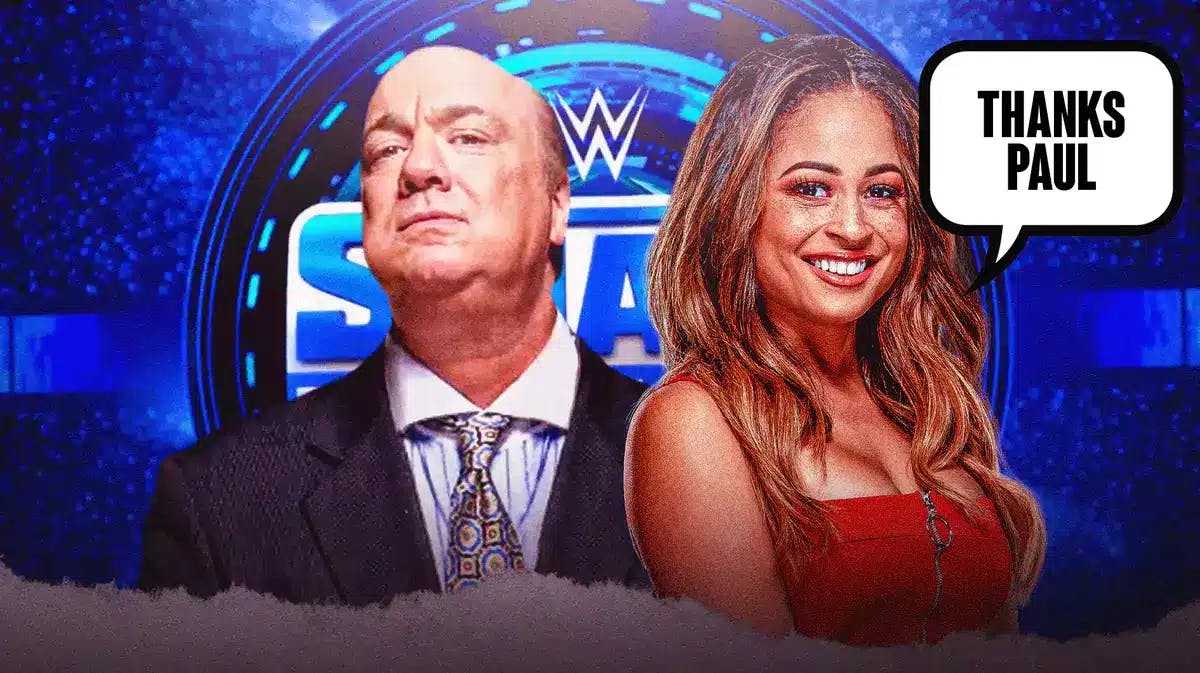 Kayla Braxton with a text bubble reading “Thanks Paul” next to Paul Heyman with the SmackDown logo as the background.