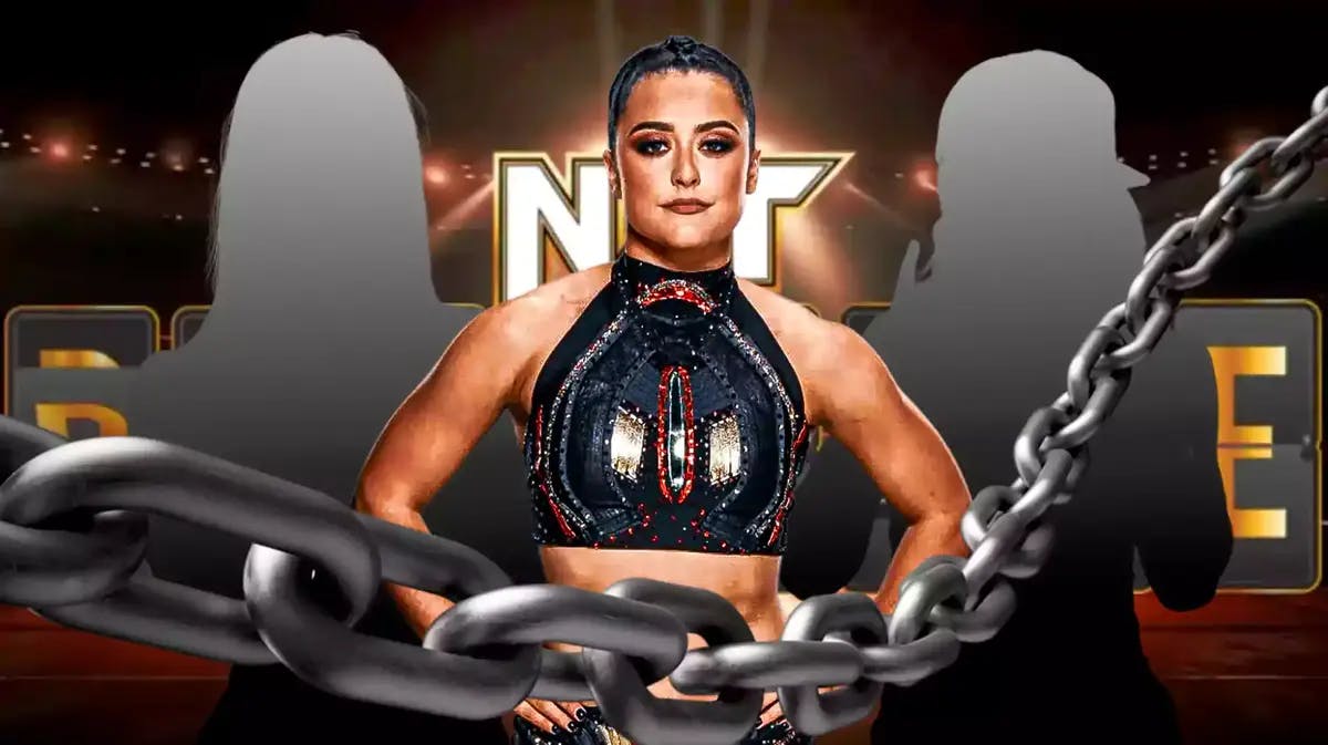 Lyra Valkyria with the blacked-out silhouette of Cora Jade and the blacked-out silhouette of Blair Davenport on her right with the 2023 NXT Deadl1ne logo as the background.