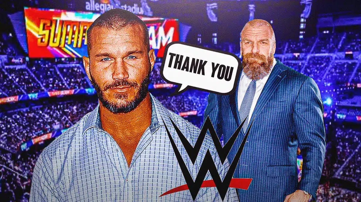 Randy Orton with a text bubble reading “Thank you” next to Triple H with the WWE logo as the background.