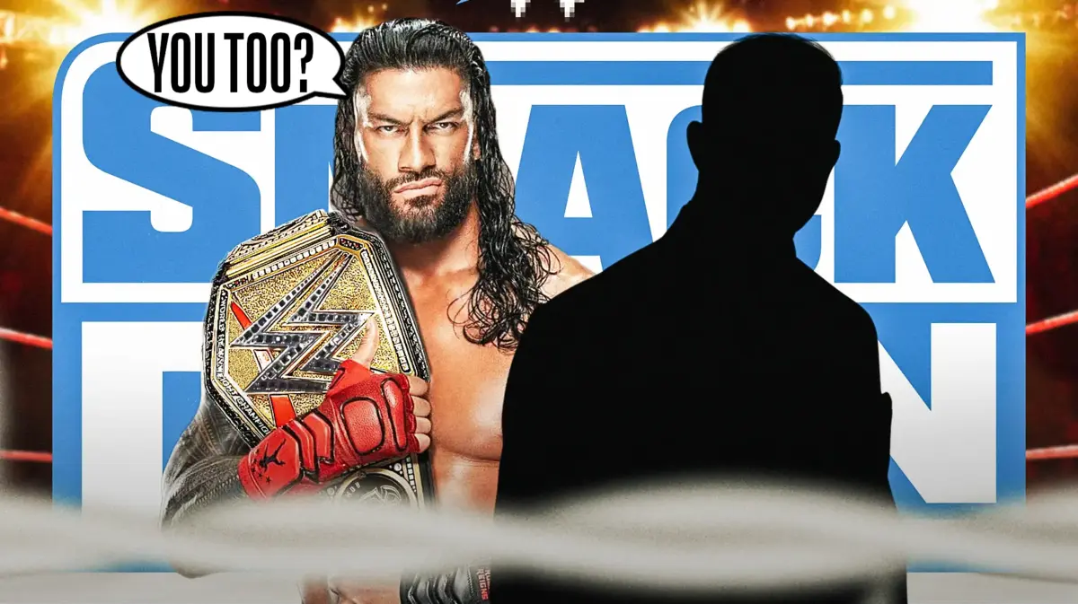 Roman Reigns with a text bubble reading “You too?” next to the blacked-out silhouette of Nick Aldis with the SmackDown logo as the background.