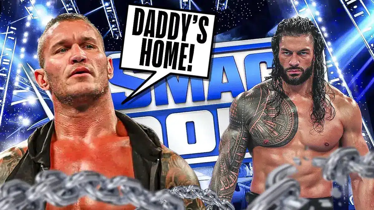 Randy Orton with a text bubble reading “Daddy’s Home!” next to Roman Reigns with the SmackDown logo as the background.
