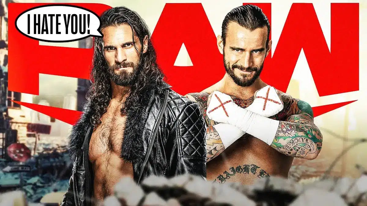And angry Seth Rollins with a text bubble reading “I hate you!” next to CM Punk with the RAW logo as the background.