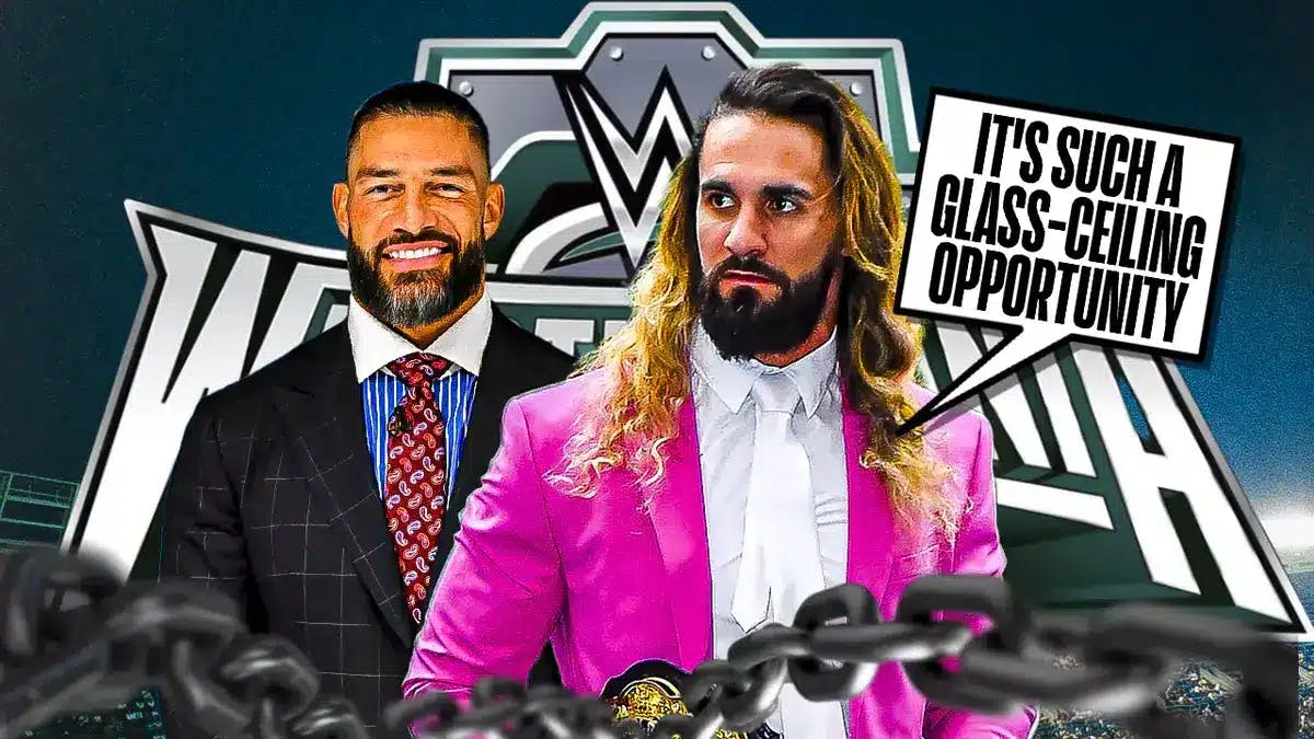 Seth Rollins with a text bubble reading “It's such a glass-ceiling opportunity” next to Roman Reigns with the WrestleMania 40 logo as the background.