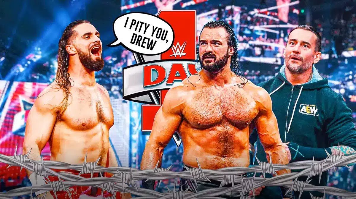 Seth Rollins with a text bubble reading “I pity you, Drew” next to Drew McIntyre and CM Punk with the WWE Day 1 logo as the background.