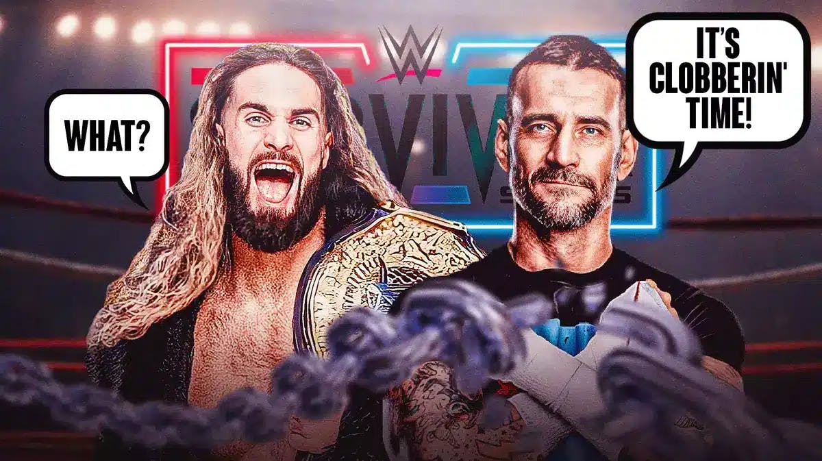 Seth Rollins with a text bubble reading “What?” next to 2023 CM Punk with a text bubble reading “It’s Clobberin' Time!” with the 2023 Survivor Series logo as the background.