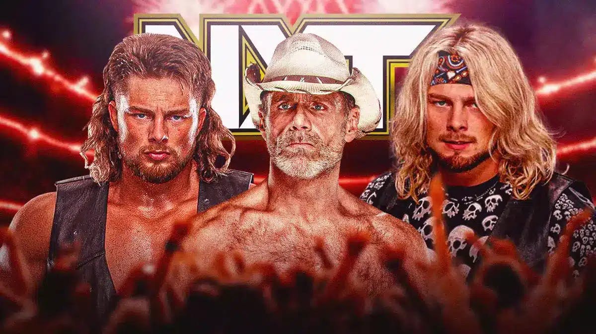 Shawn Michaels with Lexis King on his right and Brian Pillman Jr. on his left with the NXT logo as the background.