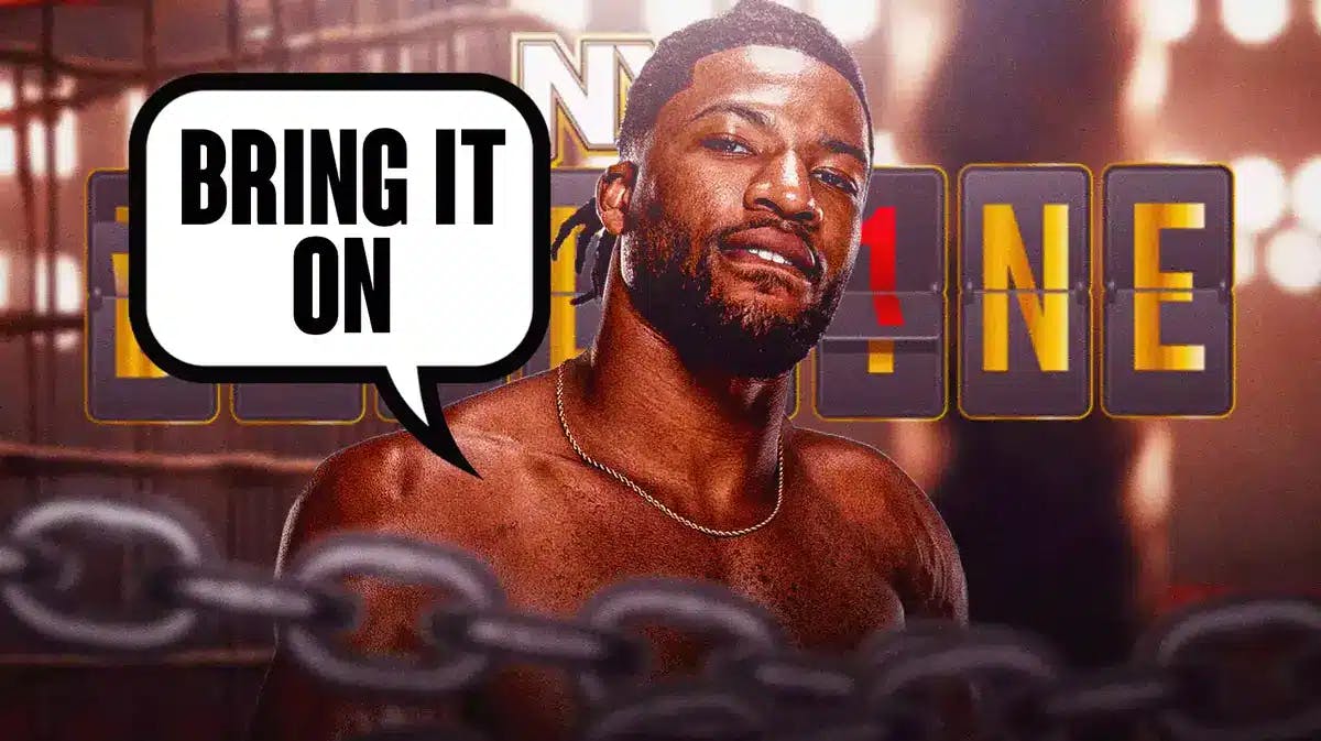 Trick Williams with a text bubble reading “Bring it on” with the 2023 NXT Deadline logo as the background.
