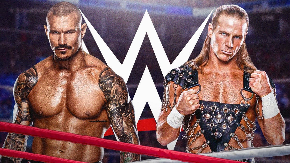 Randy Orton next to Shawn Michaels with the WWE logo as the background.
