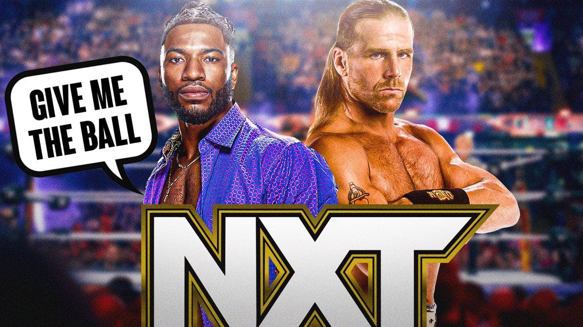 Trick Williams with a text bubble reading “Give me the ball” next to Shawn Michaels with the NXT logo as the background.
