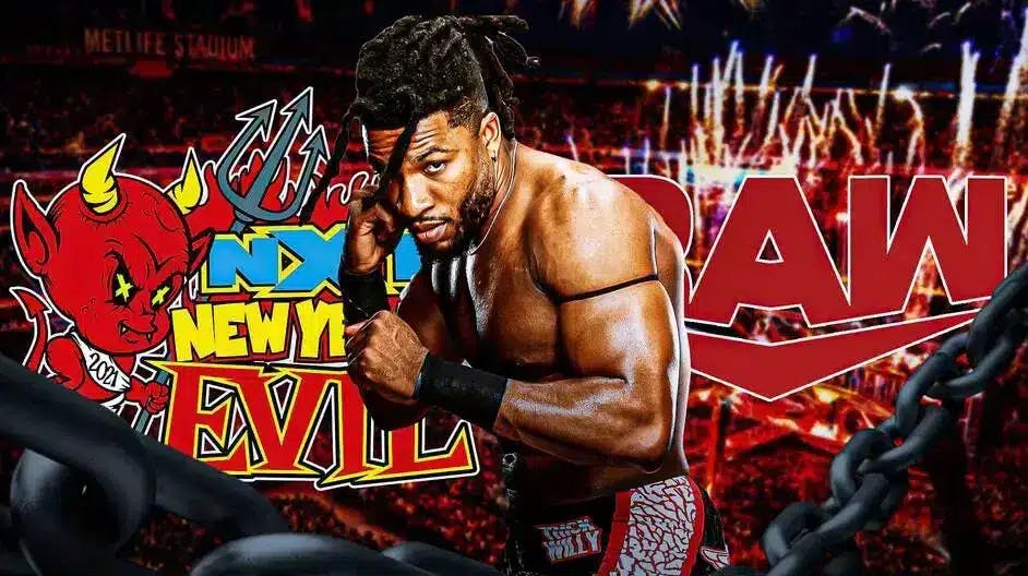 Trick Williams with the RAW logo and the New Year’s Evil logos as the background.