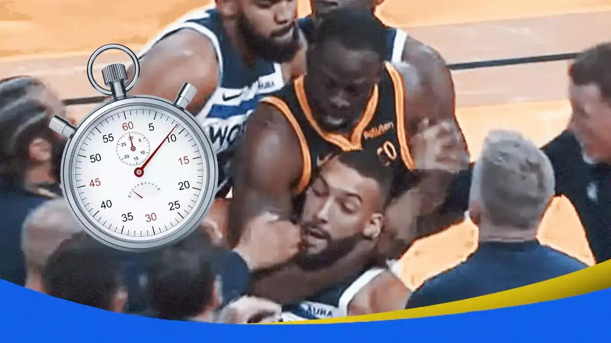 Picture of Warriors' Draymond Green choking Rudy Gobert, with a running stopwatch on the side