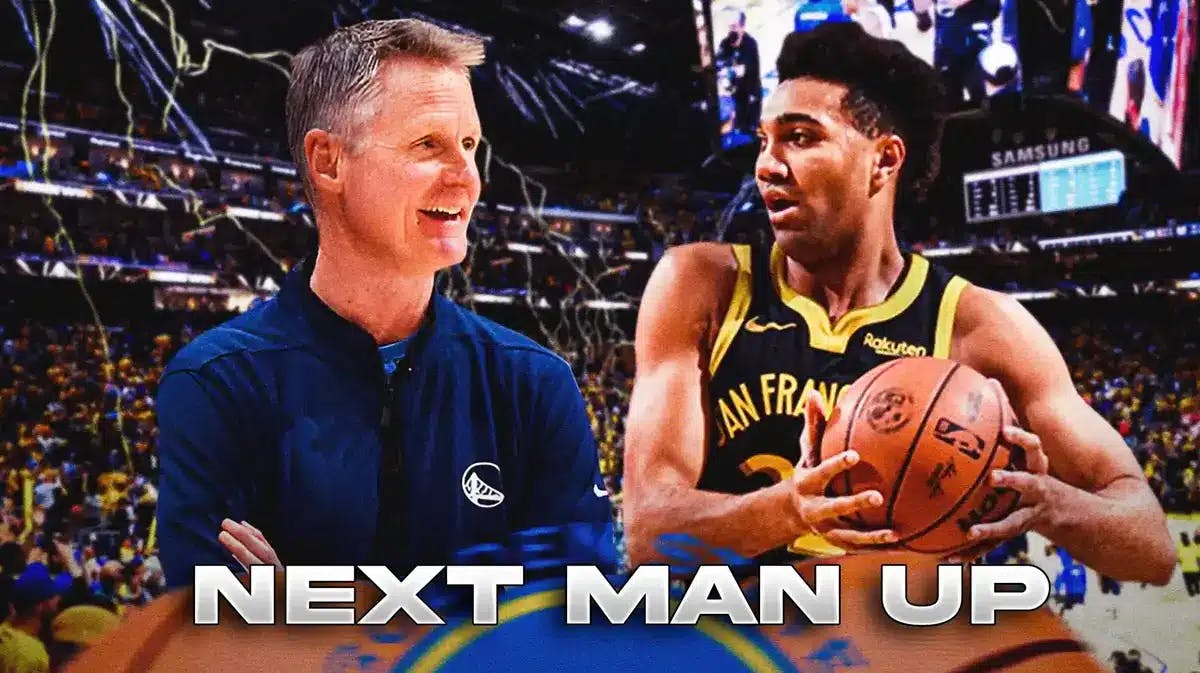 Warriors' Trayce Jackson-Davis and Steve Kerr hyped up, with caption below: NEXT MAN UP