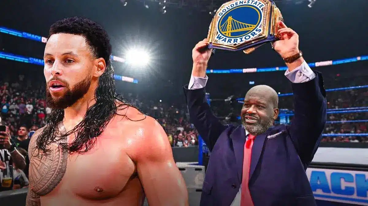 Stephen Curry (Warriors) as Roman Reigns (the one in front) and Shaq as Paul Heyman (back)