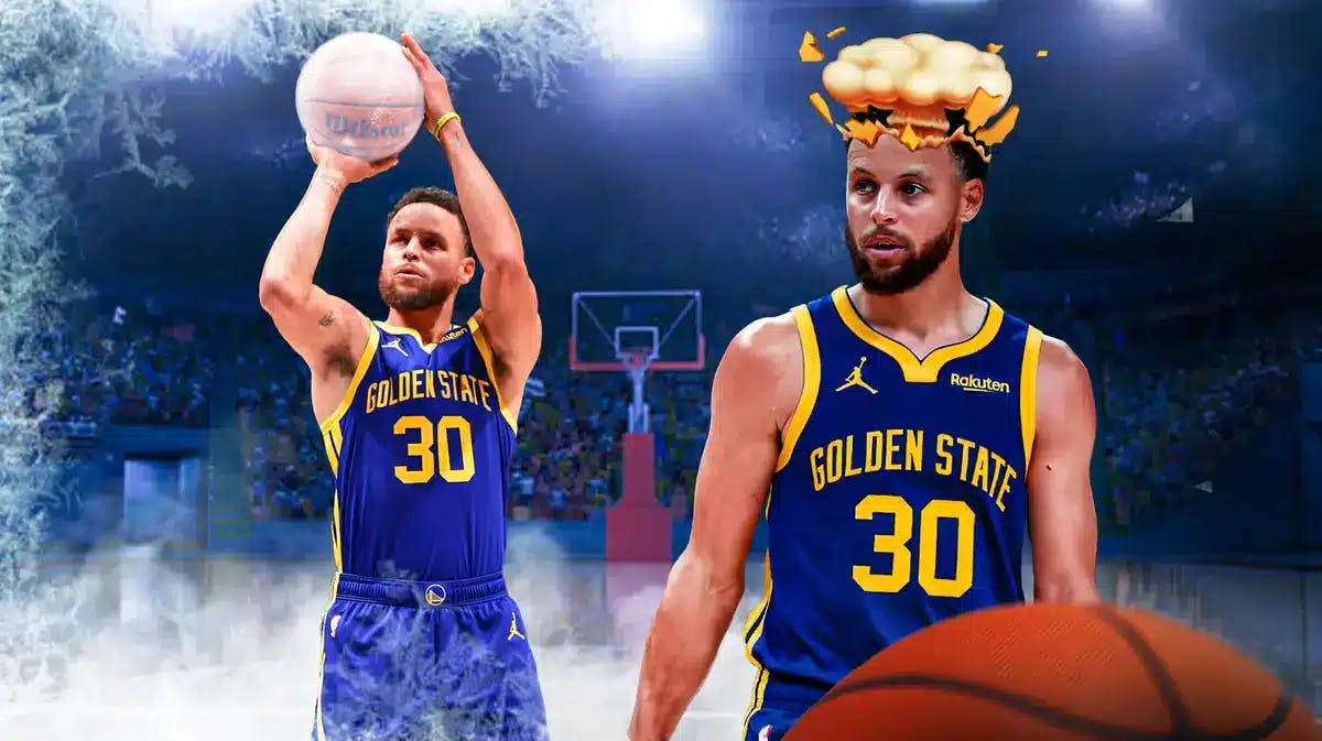 Stephen Curry with mind-blown head. In the background is another photo of Curry shooting an ice ball/ball covered with ice