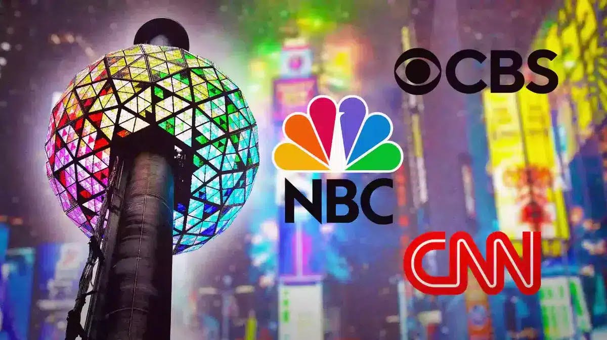 Times Square New Year's Eve ball with CBS, NBC, and CNN logos.