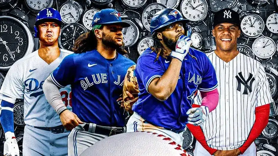 Blue Jays' Bo Bichette and Vlad Guerrero Jr. in the middle looking sad, with Shohei Ohtani in Dodgers uni on the left and Juan Soto in Yankees uni on the right, with plenty of clocks in the background