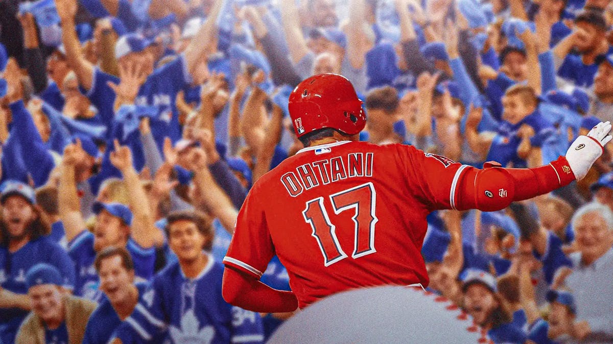 Shohei Ohtani in the foreground striking out with Toronto Blue Jays fans excited in the background.