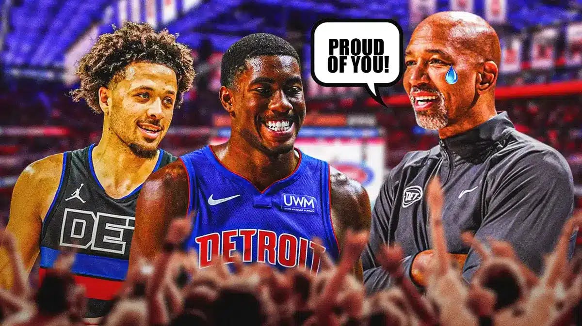 Thumb: Pistons' Monty Williams smiling with tear in eye saying, “Proud of you!” Cade Cunningham, Jaden Ivey smiling.