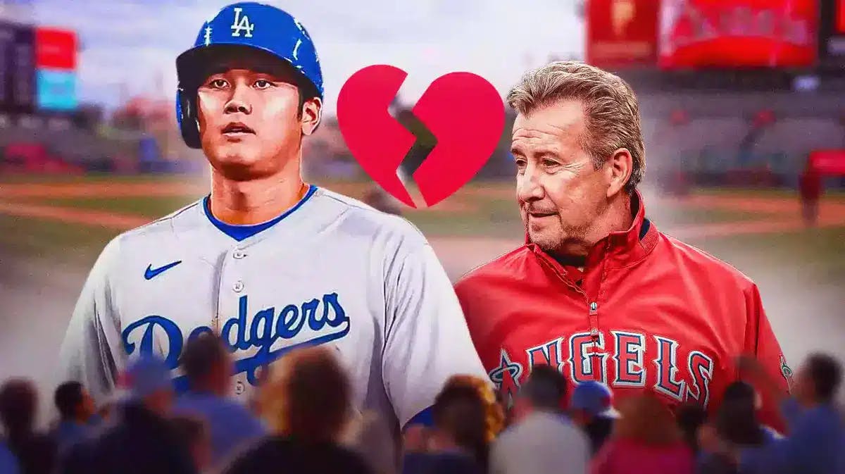 Shohei Ohtani in a Dodgers uniform, and Los Angeles Angels owner Arte Moreno, with a heart breaking 💔 emoji between the two of them, with the the Angel Stadium of Anaheim in the background