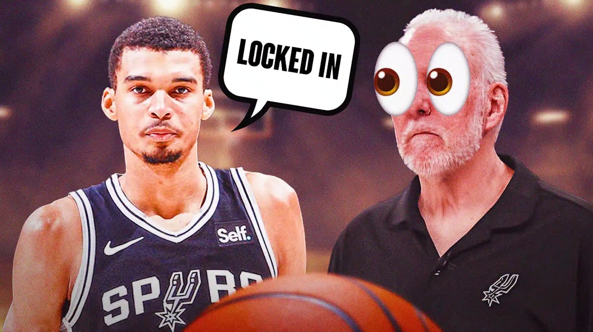 Spurs' Gregg Popovich looking at Victor Wembanyama saying "Locked in"