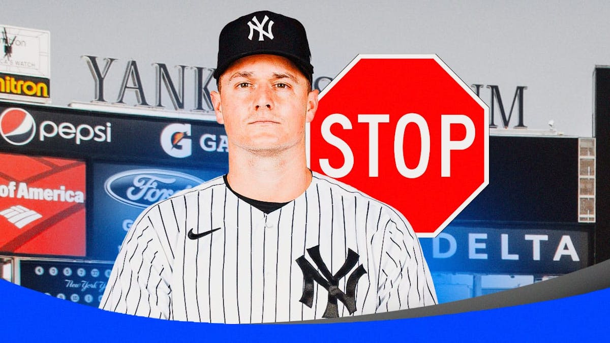 Matt Chapman in a Yankees uniform. Place a stop sign next to him.